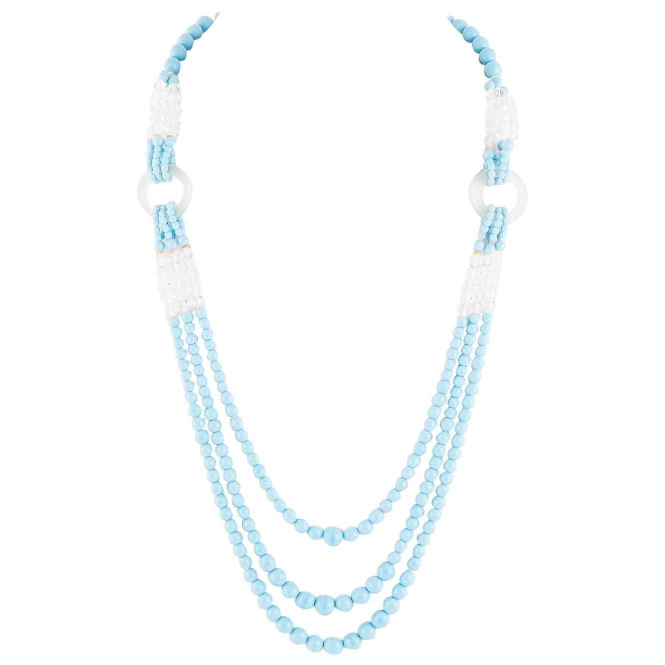 1920s art glass beaded necklace with crystal spacers and frosted crystal rings