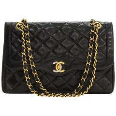 Vintage Chanel 2.55 10inch Double Flap Black Quilted Leather Paris Shoulder Bag