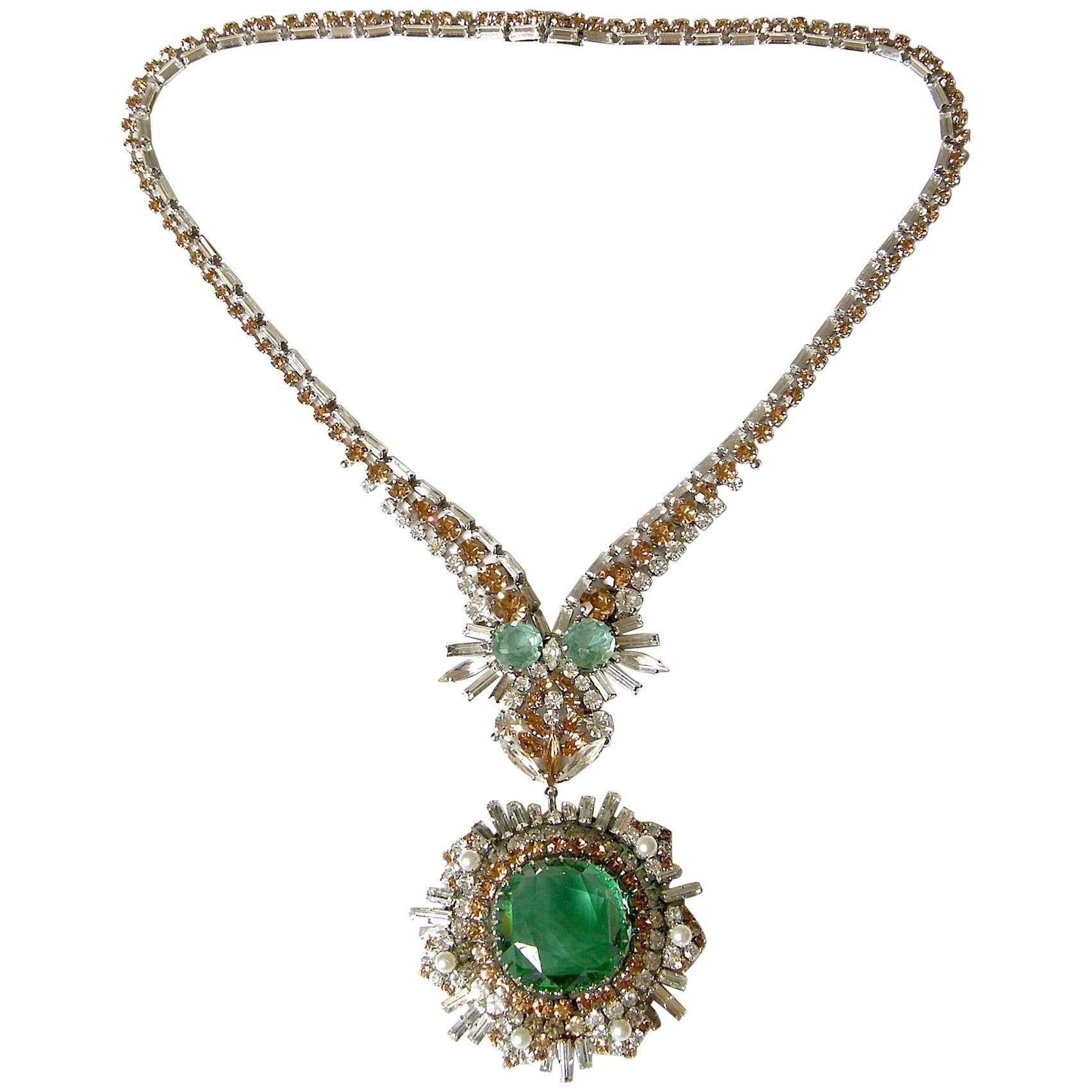 West German Rhinestone Necklace with Faux Emeralds Diamonds and Citrines