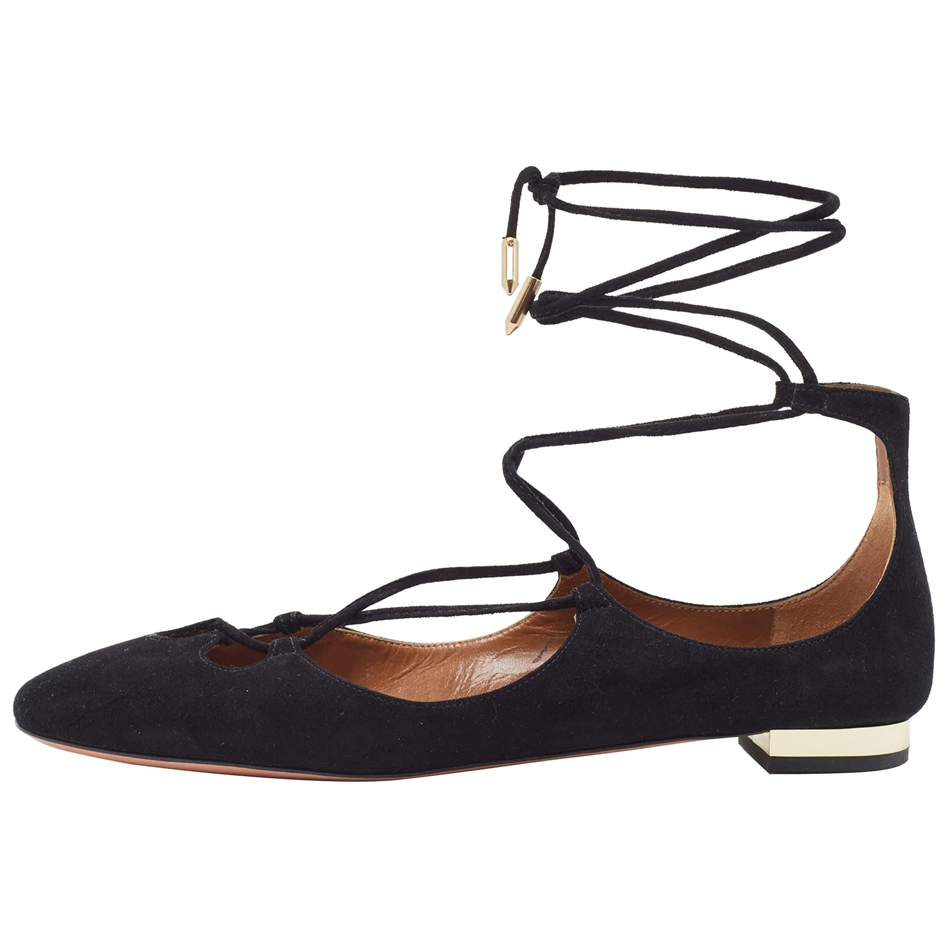 Aquazzura Dancer Ankle Tie Flats en daim noir Taille 35.5