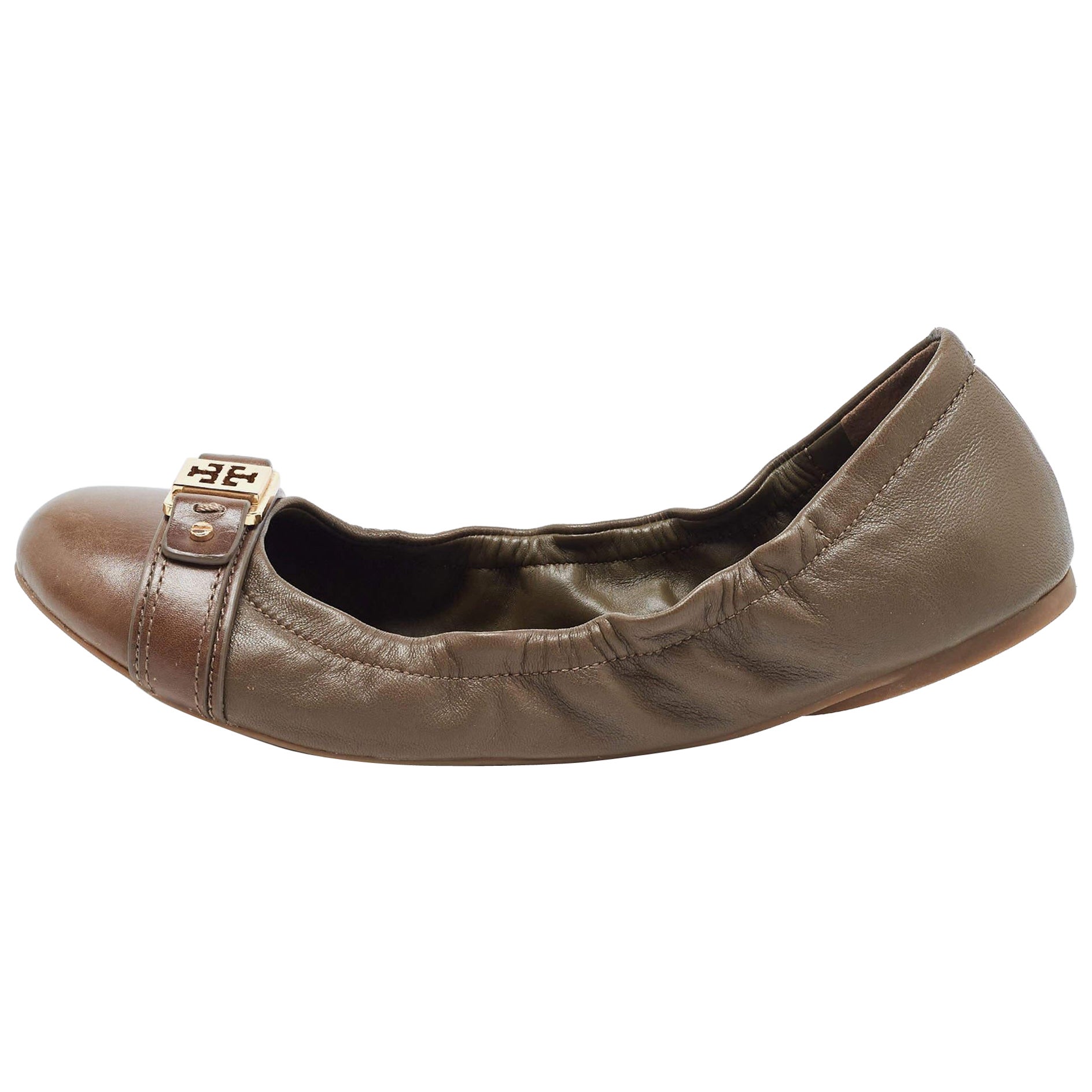 Tory Burch Brown Leather Ambrose Scrunch Ballet Flats Size 40