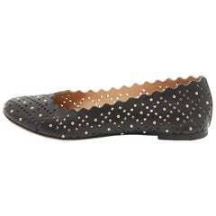 Chloe Black Studded Leather Round Toe Flat Ballet Flats Size 37