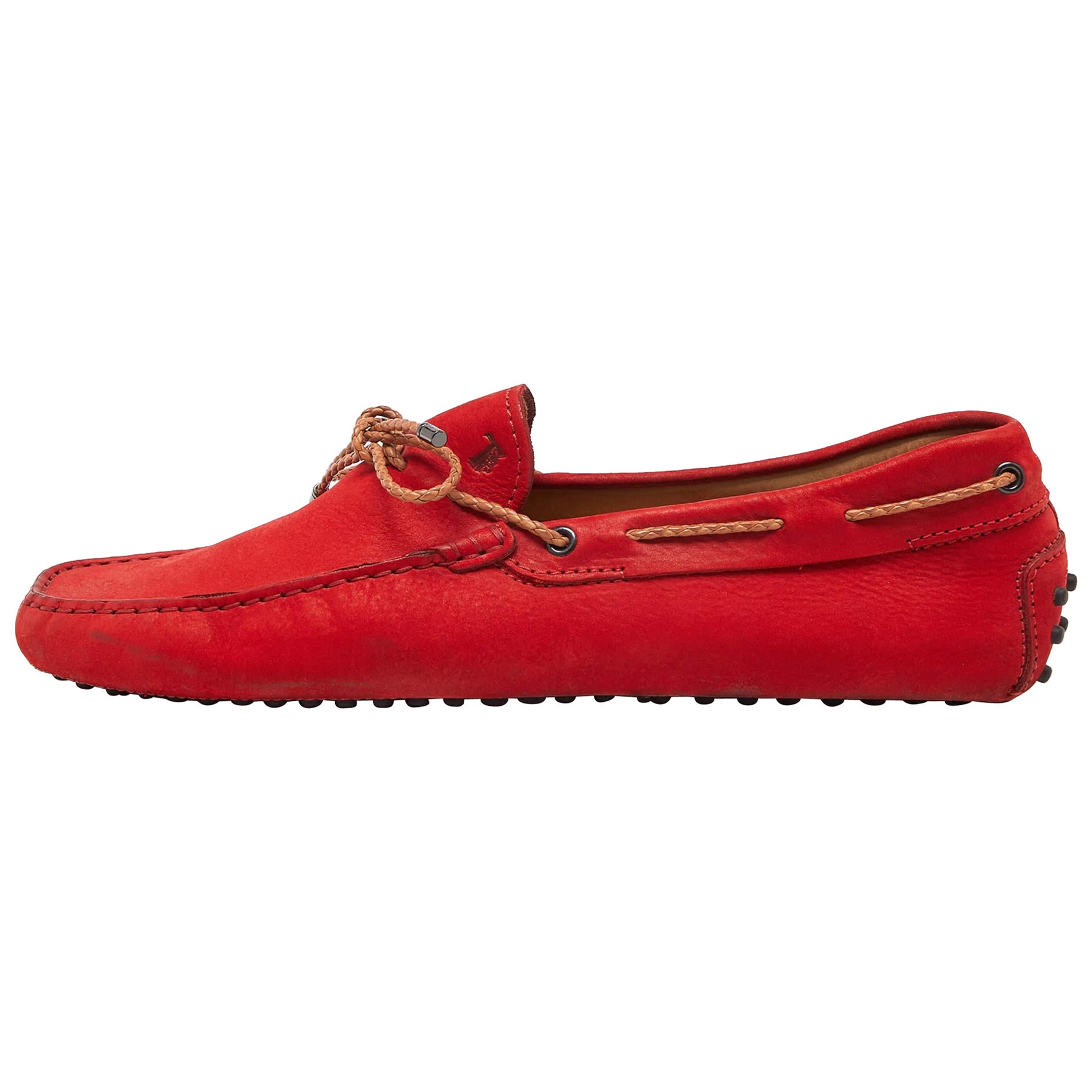 Tod's Red Nubuck Leather Bow Slip On Loafers Size 43 For Sale