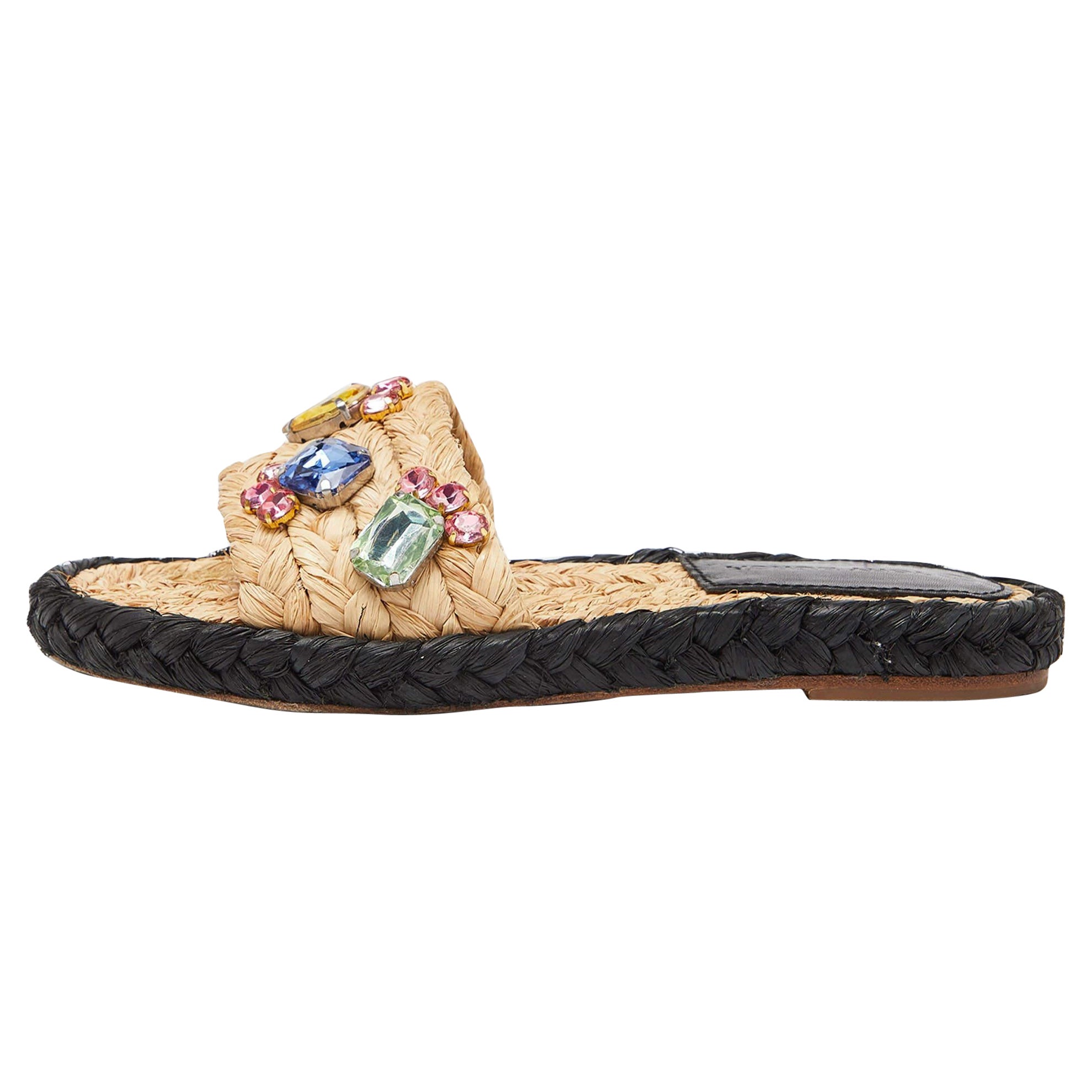 Tory Burch Beige Raffia Cristal Embellished Flat Slides Talla 36.5 en venta