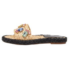 Tory Burch Beige Raffia Crystal Embellished Flat Slides Size 36.5