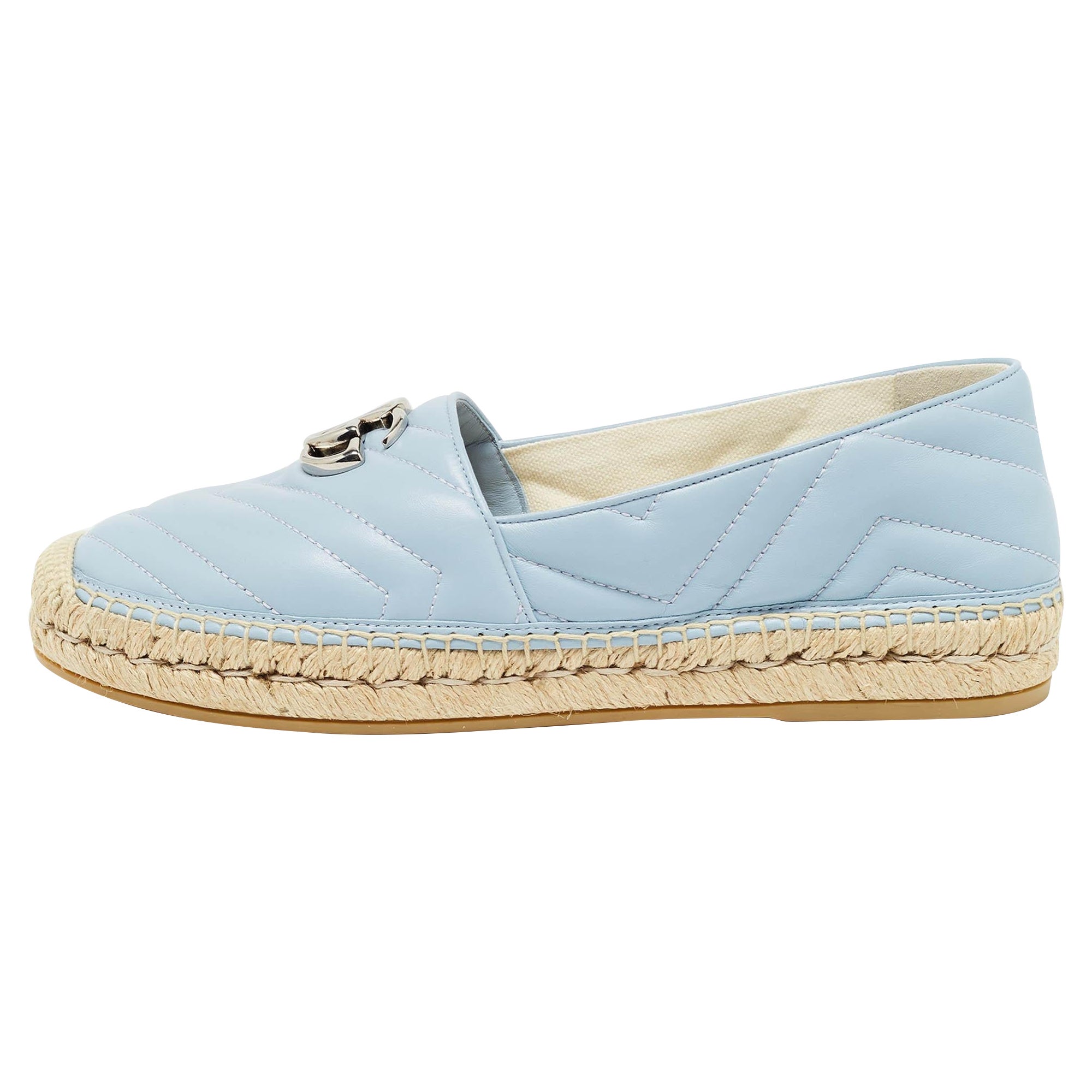 Gucci Blue matelassé Leather GG Marmont Espadrille Flats Size 40.5 For Sale