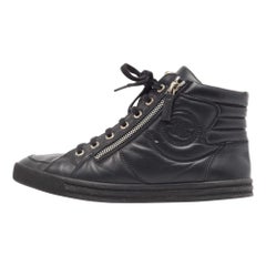 Chanel Black Leather CC High Top Sneakers Size 38.5