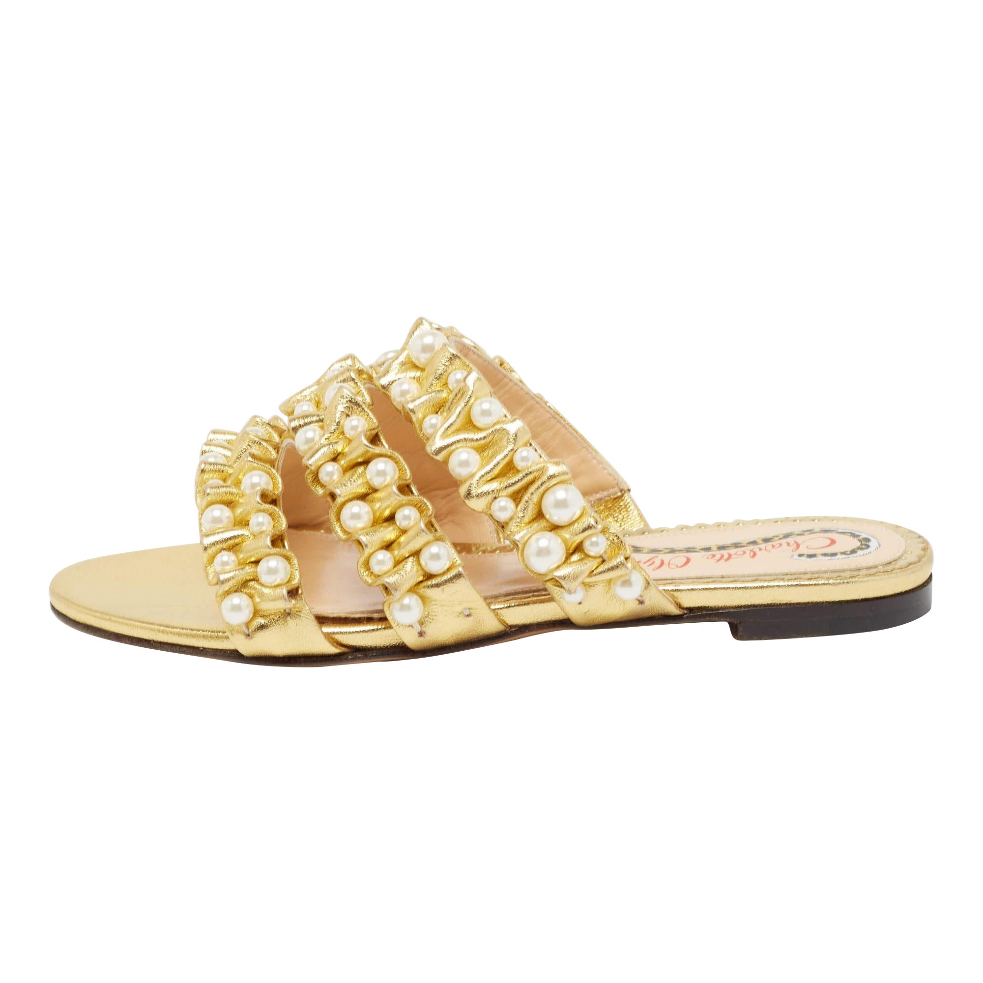 Charlotte Olympia Gold Pleated Leather Pearl Embellished Flats Size 35 For Sale