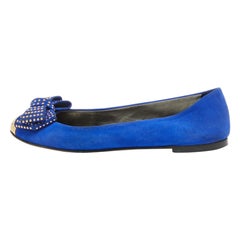 Giuseppe Zanotti Blue Suede and Gold Cap Toe Studded Bow Ballet Flats Size 38.5