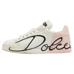 Dolce & Gabbana White/Pink Leather and Patent Portofino Sneakers Size 38