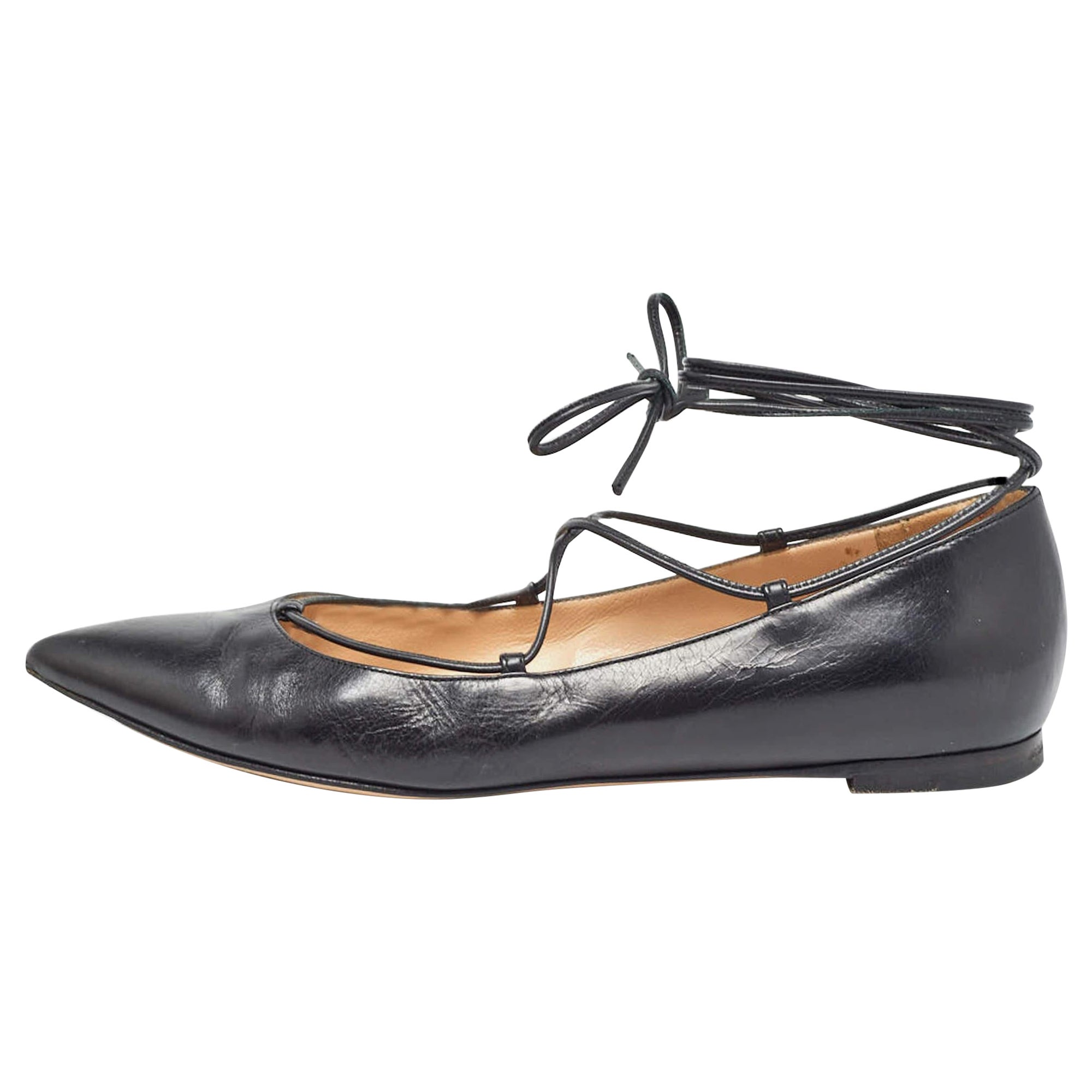 Gianvito Rossi Black Leather Femi Ankle Tie Flats Size 37 For Sale