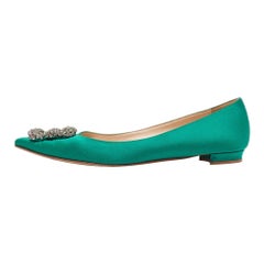 Manolo Blahnik Green Satin Hangisi Ballet Flats Size 37.5