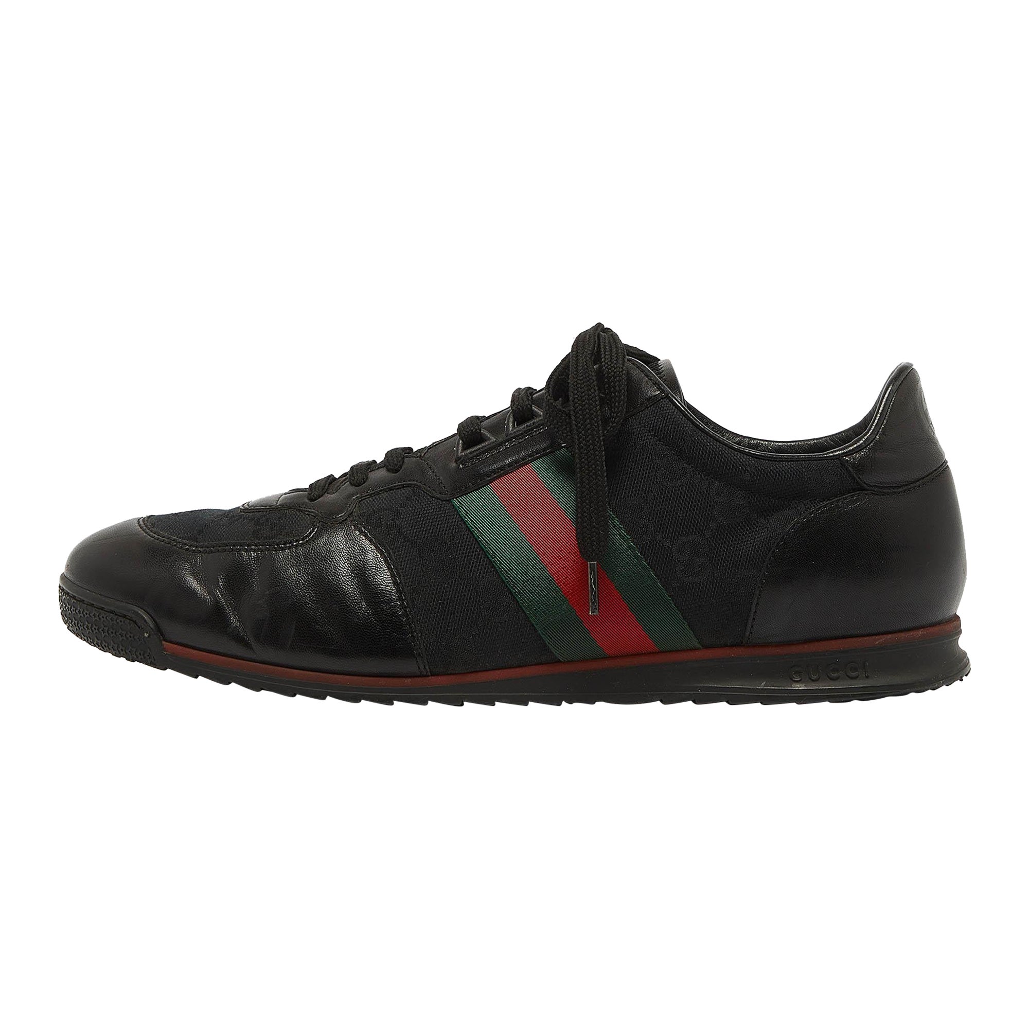 Gucci Scarpe da ginnastica basse in pelle nera e tela GG Taglia 44.5