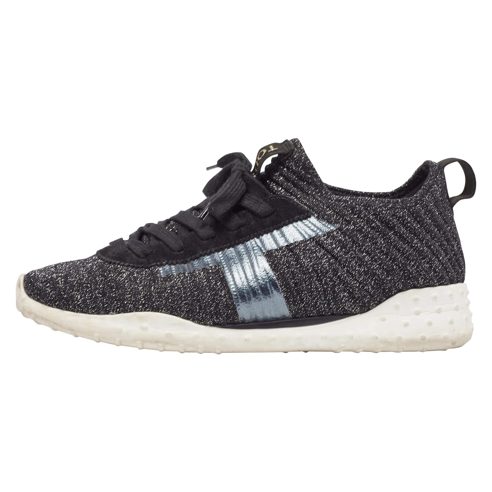 Tod's Black Glitter Knit Fabric Low Top Sneakers Size 39 For Sale