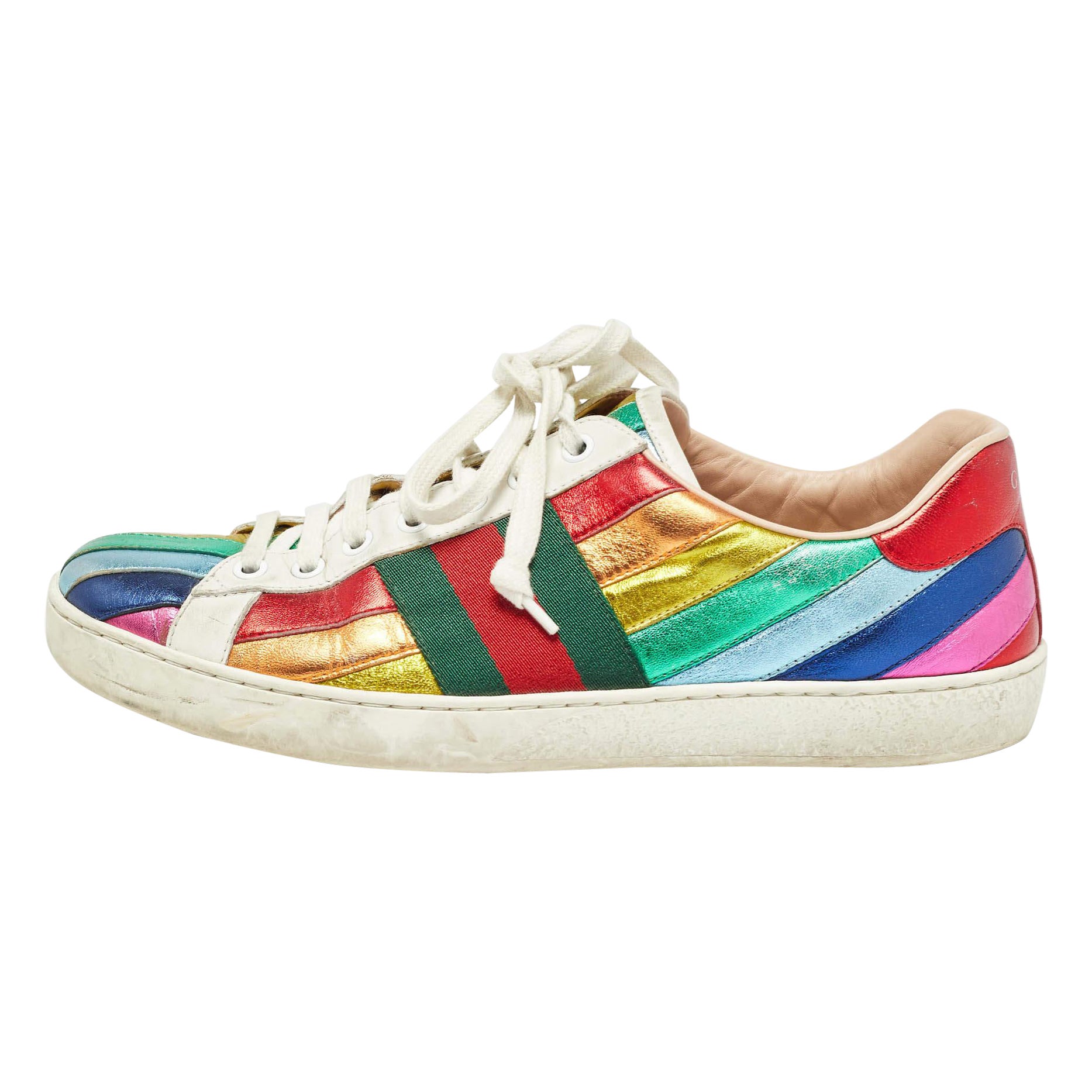 Gucci Mehrfarbige Ace Web Low Top Turnschuhe aus Leder Ace Web Größe 41
