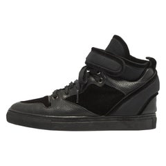 Balenciaga Black Velvet and Leather Velcro Strap High Top Sneakers Size 36