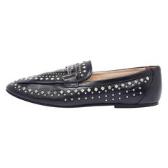 Tod's Black Leather Studded Double T Slip On Loafers Size 40