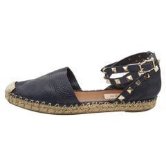 Valentino Navy Blue Leather Rockstud Ankle Strap Espadrilles Size 35