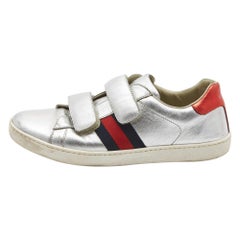 Gucci Silver Leather Ace Web Low Top Sneakers Size 36
