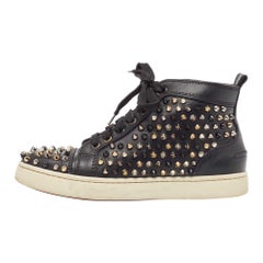 Used Christian Louboutin Black Leather Louis Spikes Sneakers Size 37.5