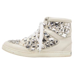Jimmy Choo White Leather Tokyo Crystal Embellished High Top Sneakers Size 37.5