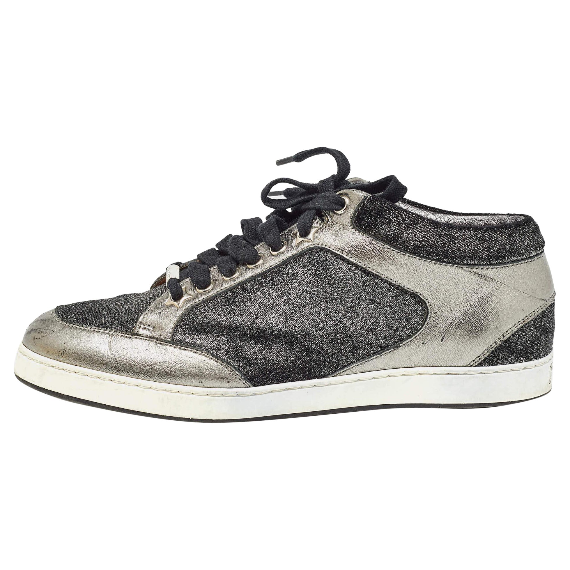Jimmy Choo Grey Glitter Velvet and Leather Miami Low Top Sneakers Size 38 For Sale
