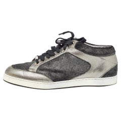 Jimmy Choo Grey Glitter Velvet and Leather Miami Low Top Sneakers Size 38