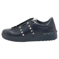 Valentino Navy Blue Leather Rockstud Low Top Sneakers Size 39