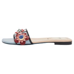 Fendi Blue Leather Flowerland Open Toe Flat Slides Size 36.5