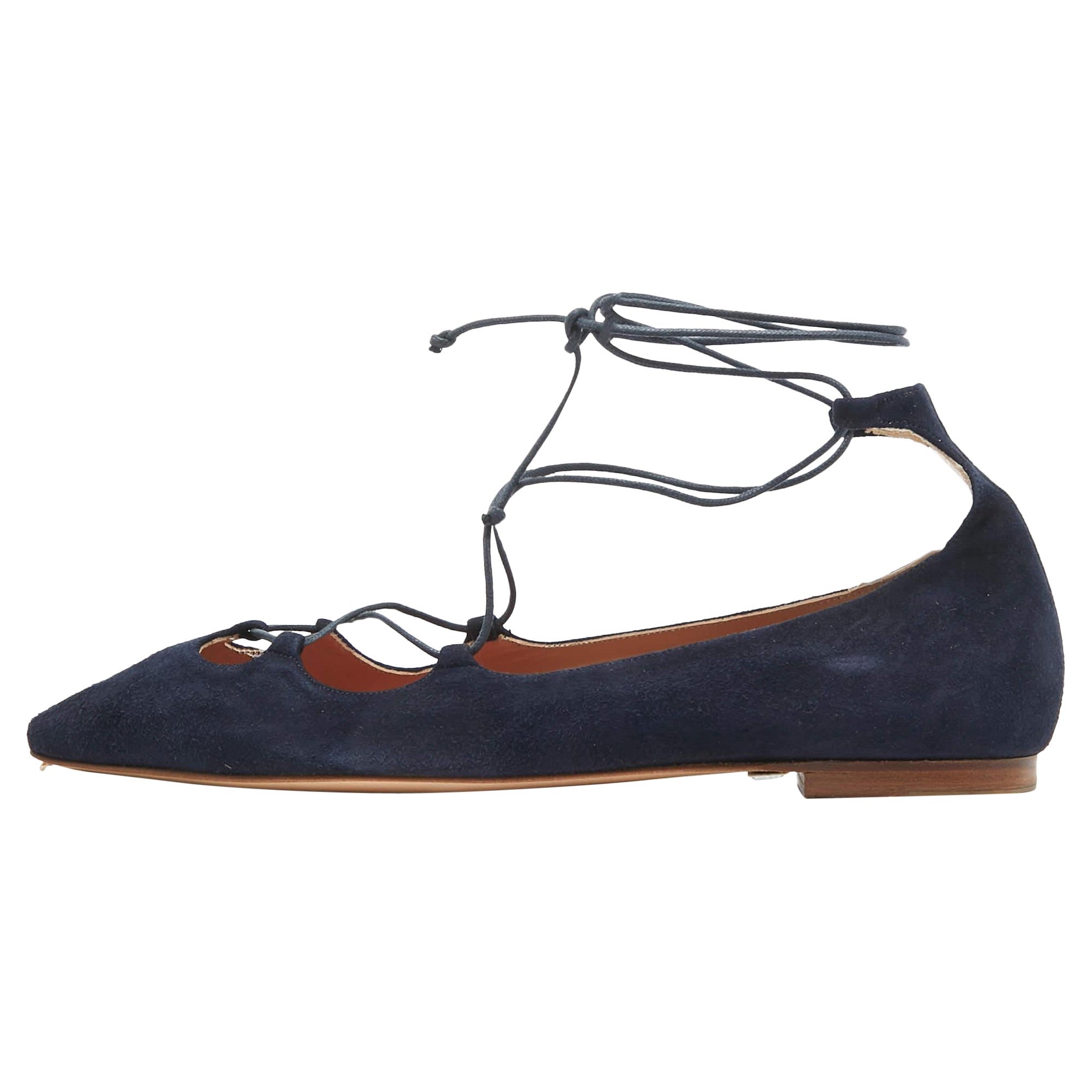 CH Carolina Herrera Blue Suede Pointed Toe Tie Up Ballet Flats Size 37