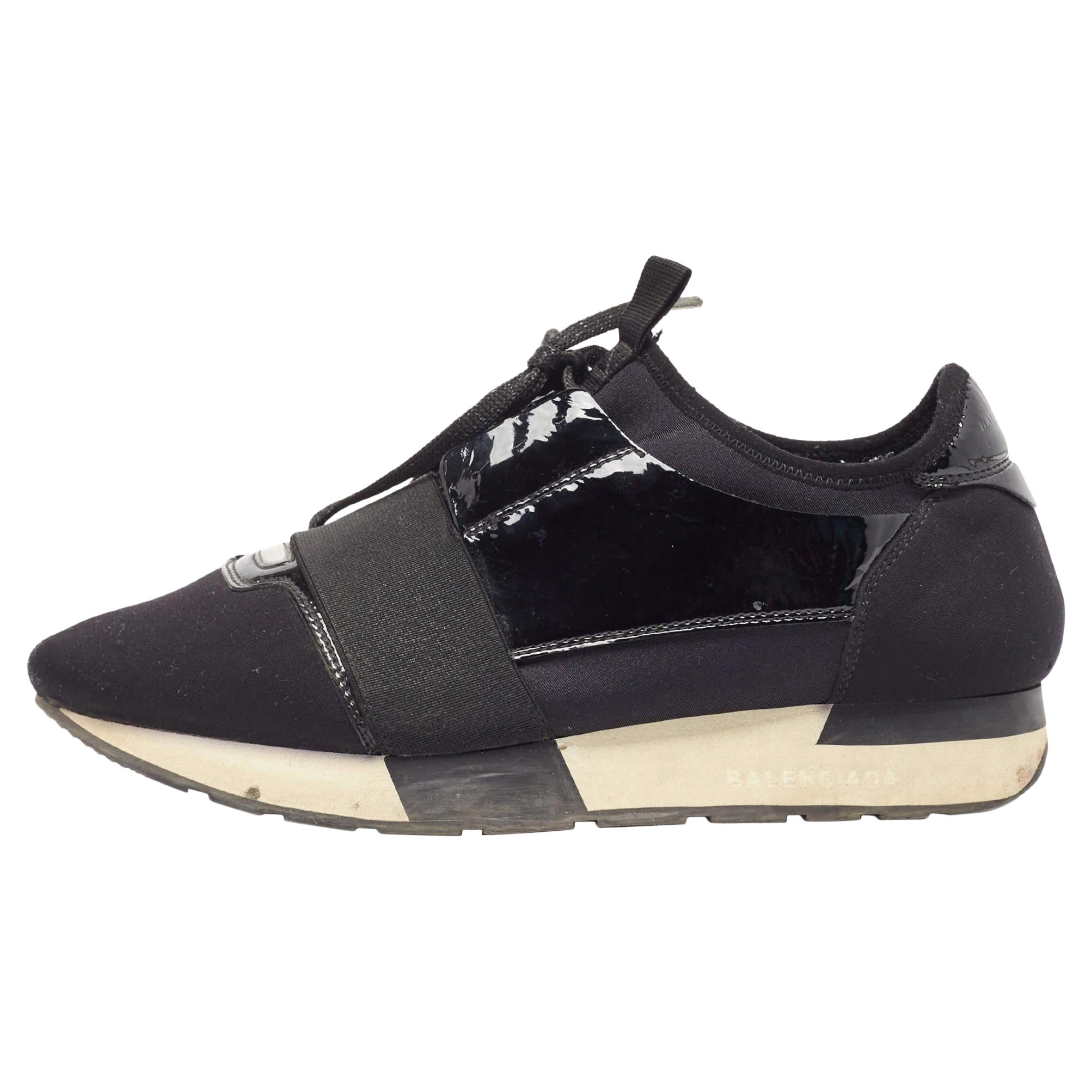 Balenciaga Negro Charol y Tela Race Runner Low Top Sneakers Talla 38