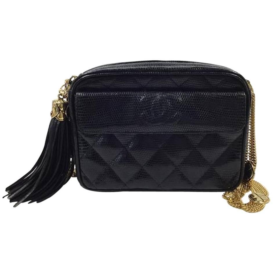 Chanel Rare Vintage Black Lizard Multi Gold Chain Camera Evening Shoulder Bag