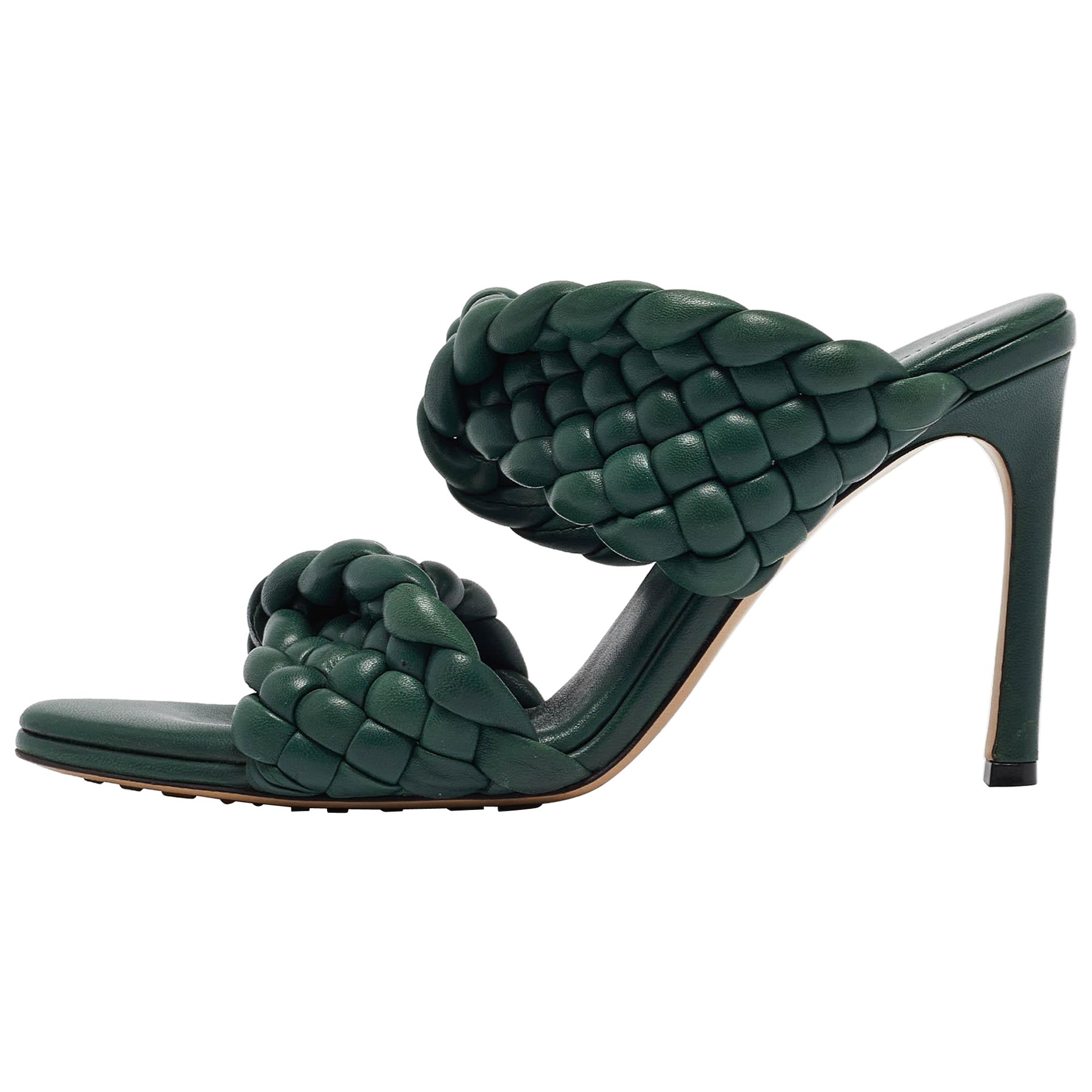 Bottega Veneta Green Leather Braided Accents Slides Size 40.5 For Sale