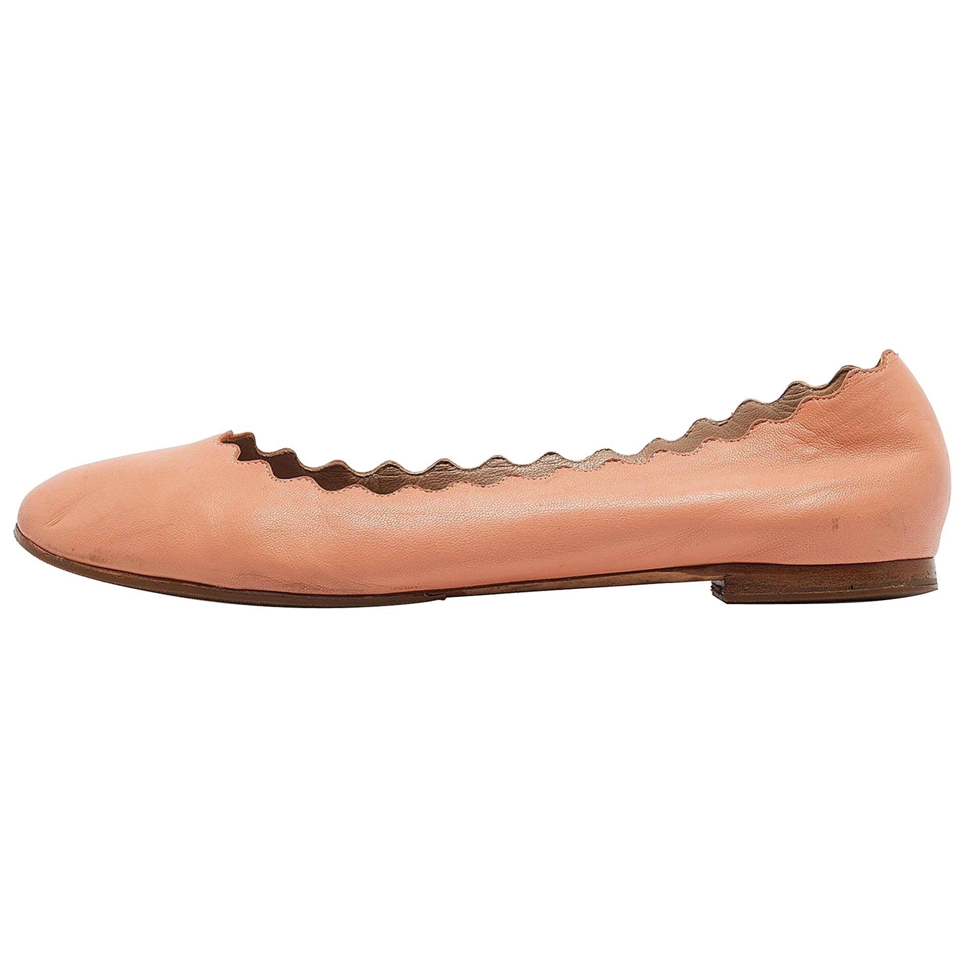 Chloe Peach Pink Scalloped Leather Lauren Ballet Flats Size 37 For Sale