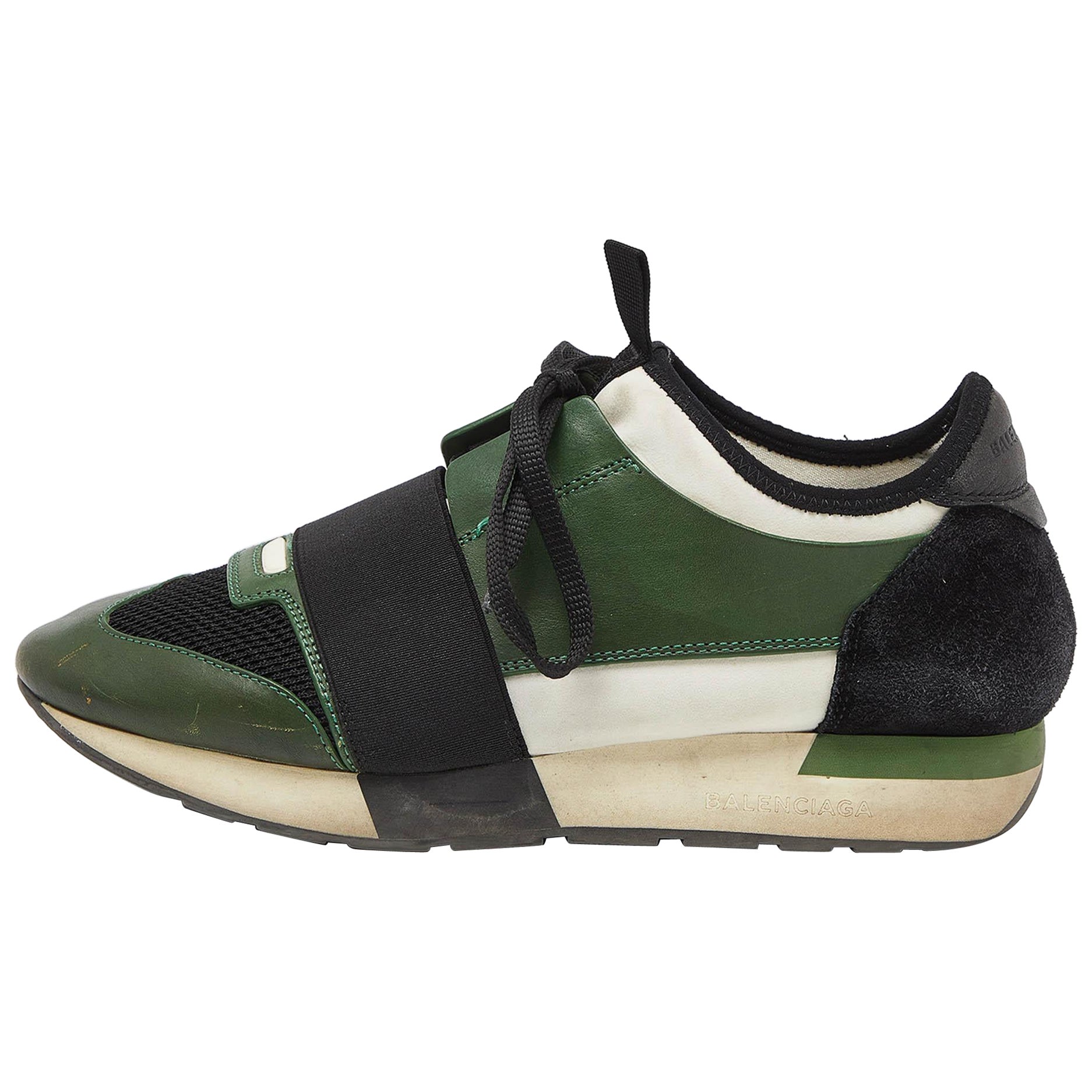 Balenciaga Green/Black Leather and Mesh Race Runner Sneakers Size 38