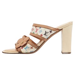 Louis Vuitton White/Brown Monogram Canvas and Leather Slides Size 37