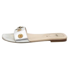 Fendi Silver Leather Flowerland Flat Slides Size 40.5