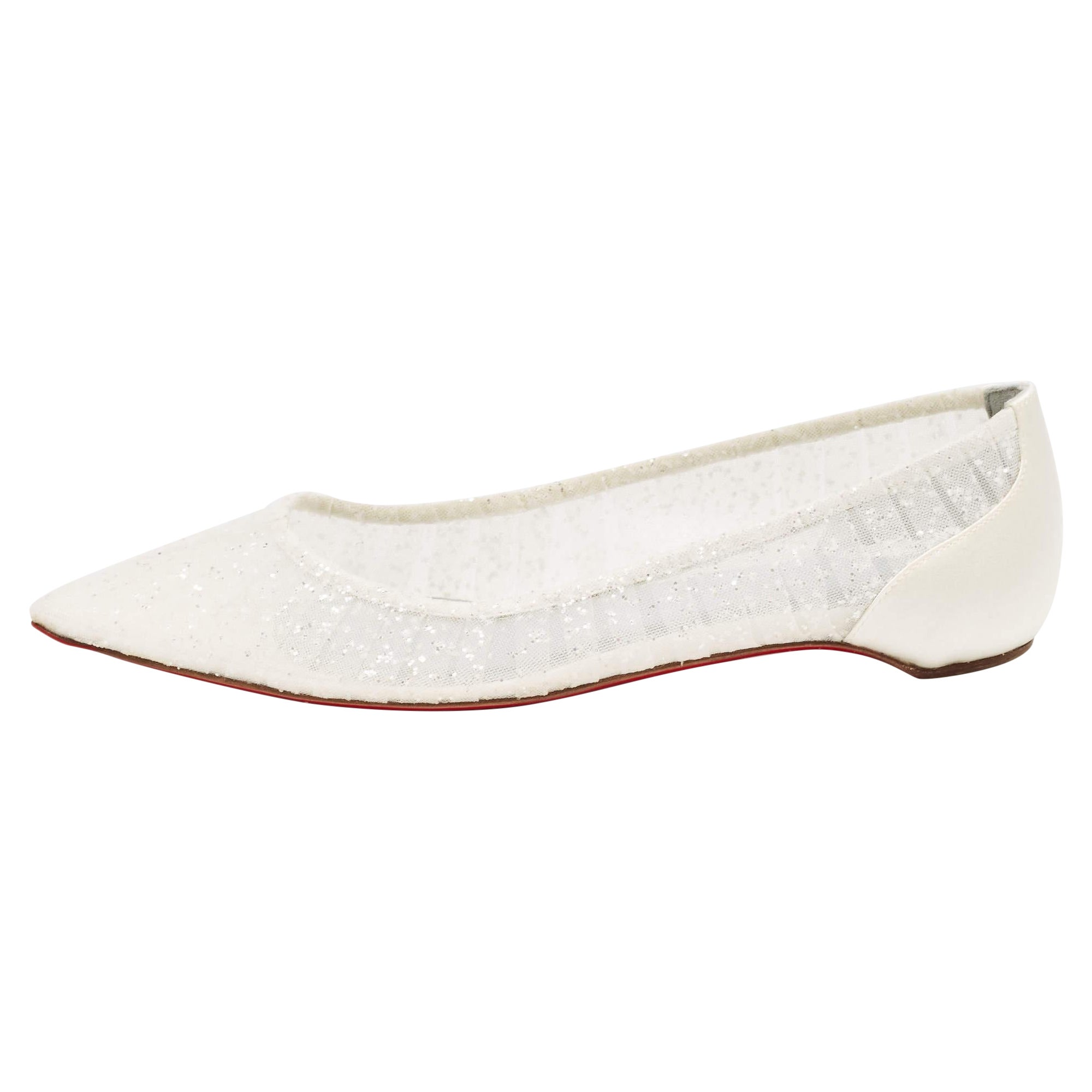Christian Louboutin Glitter Tulle Fabric & Satin Kate Ballet Flats Size 36.5 For Sale