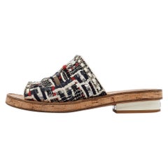 Chanel Multicolor Tweed Chain Detail CC Cork Flat Slides Size 39