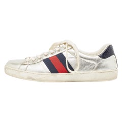 Gucci Silver Leather Ace Sneakers Size 42.5