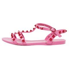 Used Valentino Pink Rubber Rockstud Ankle-Strap Flats Size 35
