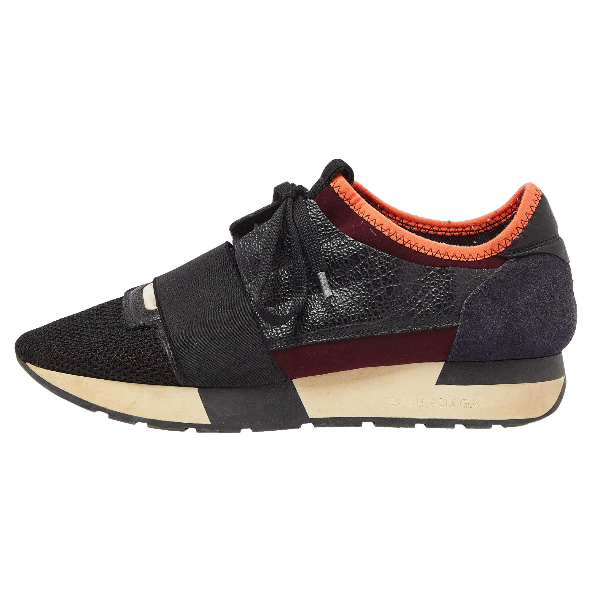 Balenciaga Black Mesh and Textured Leather Race Runner Sneakers Size 37 For Sale