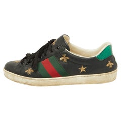 Gucci Black Bee & Star Embroidered Leather Ace Low Top Sneakers Size 42.5