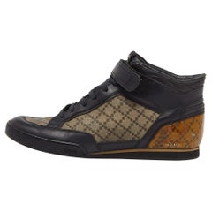 Gucci Black/Beige Leather and Diamante Canvas High Top Sneakers Size 42