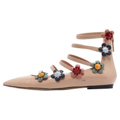 Fendi Beige Patent Leather Flowerland Ankle Strap Flats Size 38.5