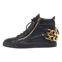 Giuseppe Zanotti Black Leather Chain Embellished High Top Sneakers Size 38