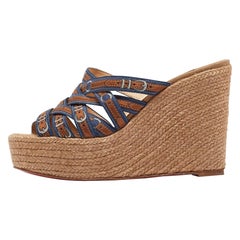 Christian Louboutin Blue/Brown Print Fabric Crepon Wedge Espadrilles Size 36