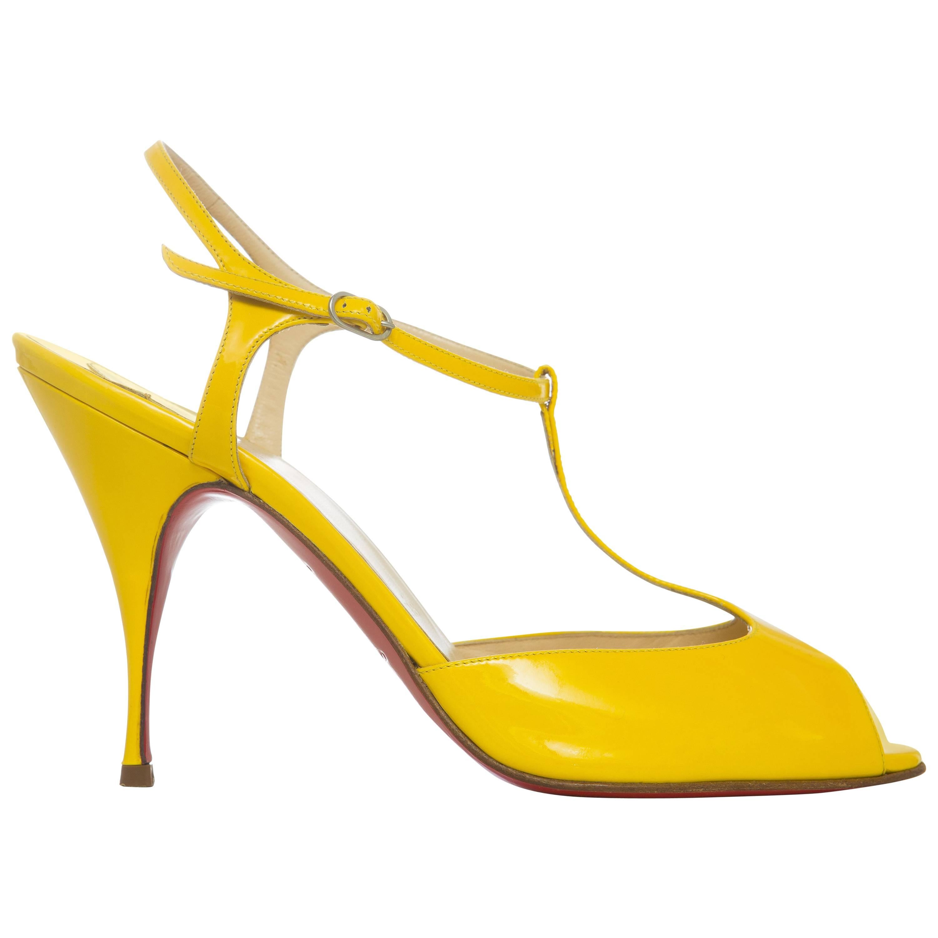 Christian Louboutin Yellow Patent Leather T Strap Sandal at 1stDibs