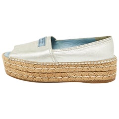 Prada Metallic Silver Leather Open Toe Platform Espadrille Flats Size 36.5