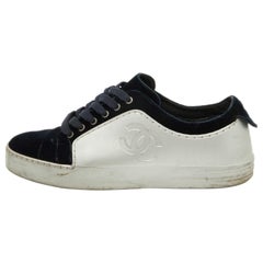 Chanel Silver/Blue Velvet and Rubber CC Low Top Sneakers Size 38
